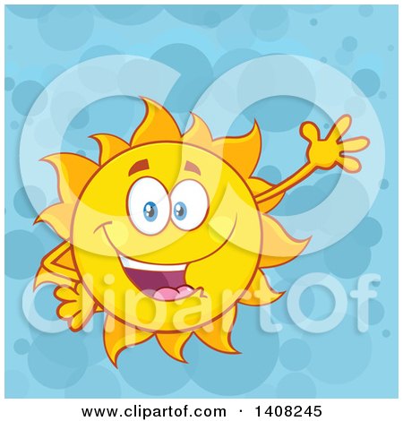 Clipart of a Yellow Summer Time Sun Character Mascot Waving, over Blue - Royalty Free Vector Illustration by Hit Toon