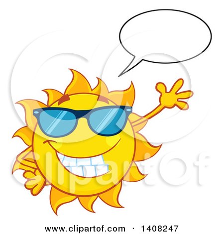 Clipart of a Yellow Summer Time Sun Character Mascot Wearing Shades, Talking and Waving - Royalty Free Vector Illustration by Hit Toon