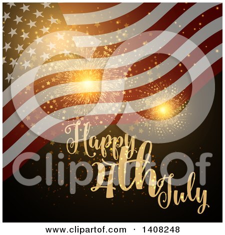 Clipart of a Background of Gold Fireworks, a Waving American Flag and Happy 4th July Text - Royalty Free Vector Illustration by KJ Pargeter