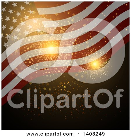 Clipart of a Background of Gold Independence Day Fireworks and a Waving American Flag - Royalty Free Vector Illustration by KJ Pargeter
