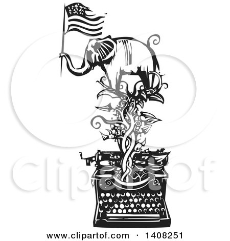 Clipart of a Black and White Woodcut Elephant Holding an American Flag on a Vine over a Typewriter - Royalty Free Vector Illustration by xunantunich