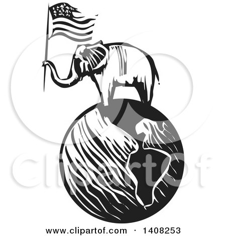 Clipart of a Black and White Woodcut Elephant Holding an American Flag on a Globe - Royalty Free Vector Illustration by xunantunich