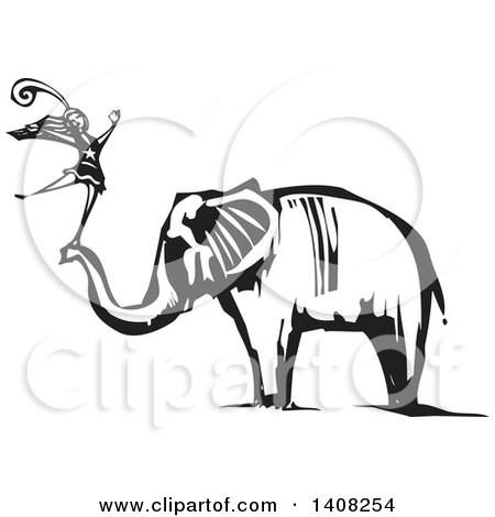 Clipart of a Black and White Woodcut Female Dancer Standing on an Elephant's Trunk - Royalty Free Vector Illustration by xunantunich