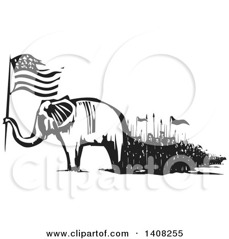 Clipart of a Black and White Woodcut Republican Elephant Holding an American Flag with People Marching - Royalty Free Vector Illustration by xunantunich