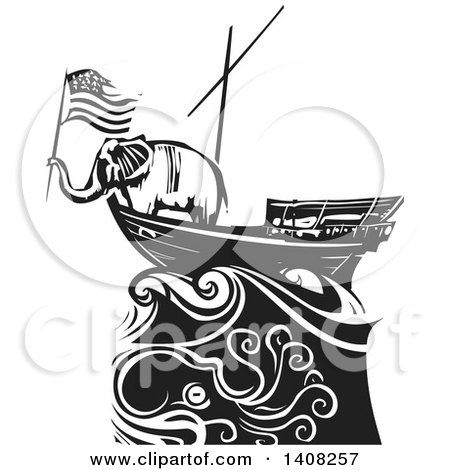 Clipart of a Black and White Woodcut Republican Elephant Holding an American Flag on a Ship over an Octopus - Royalty Free Vector Illustration by xunantunich