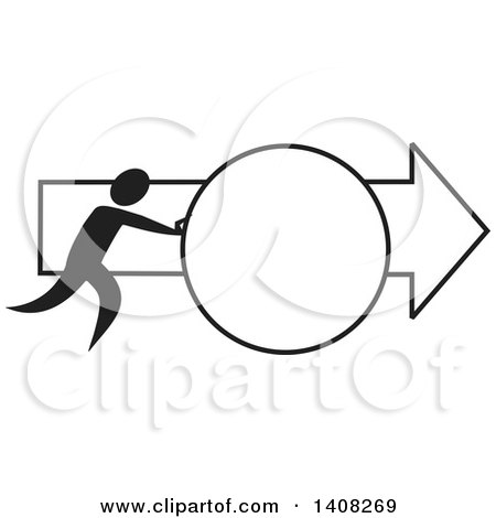 Clipart of a Black and White Design of a Man Rolling a Ball Forward, Pushing Ahead - Royalty Free Vector Illustration by Johnny Sajem