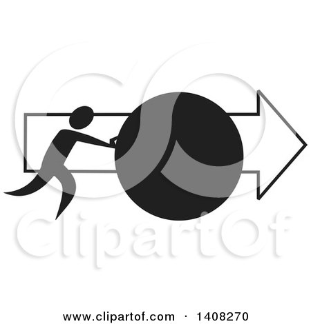 Clipart of a Black and White Design of a Man Rolling a Ball Forward, Pushing Ahead - Royalty Free Vector Illustration by Johnny Sajem