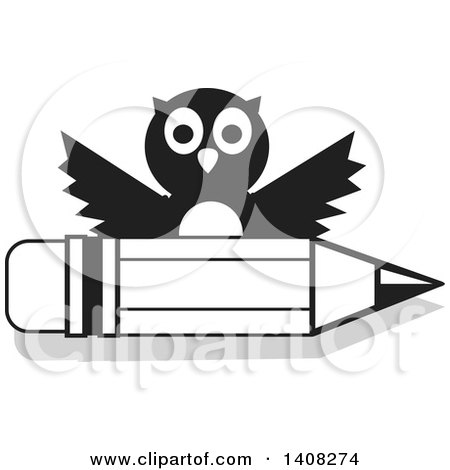 Clipart of a Black and White Owl over a Pencil - Royalty Free Vector Illustration by Johnny Sajem