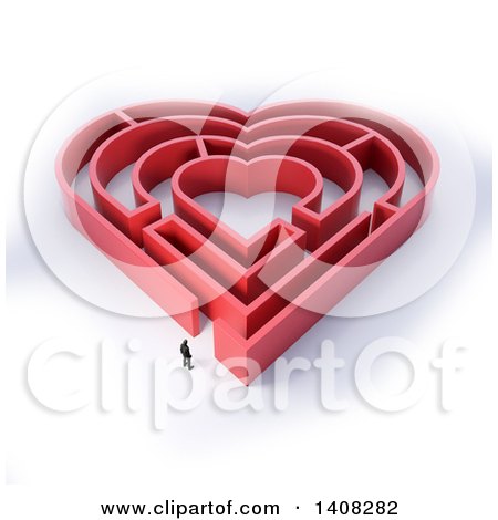 Clipart of a 3d Man Outside a Red Heart Shaped Maze, on a White Background - Royalty Free Illustration by Mopic