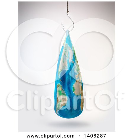 Clipart of a 3d Flat Deflated Earth Hanging from a Fish Hook - Royalty Free Illustration by Mopic