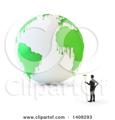 Clipart of a 3d Man Standing by a White Earth Globe with Paint Dripping from Green Continents - Royalty Free Illustration by Mopic