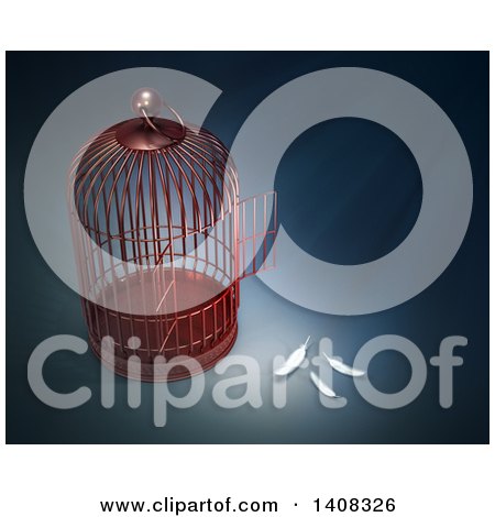 Clipart of a 3d Open Bird Cage with Feathers, Depicting Freedom, Escape - Royalty Free Illustration by Mopic
