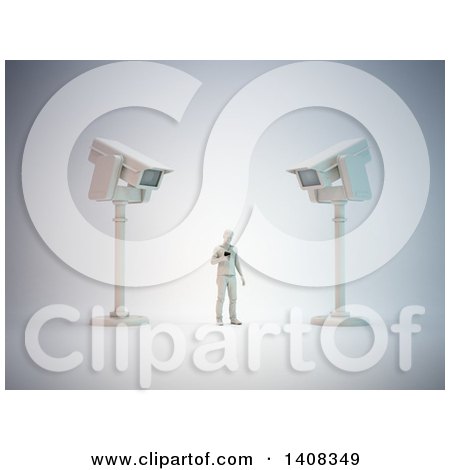 Clipart of a 3d Man Standing Below Cameras, Communications Surveillance - Royalty Free Illustration by Mopic