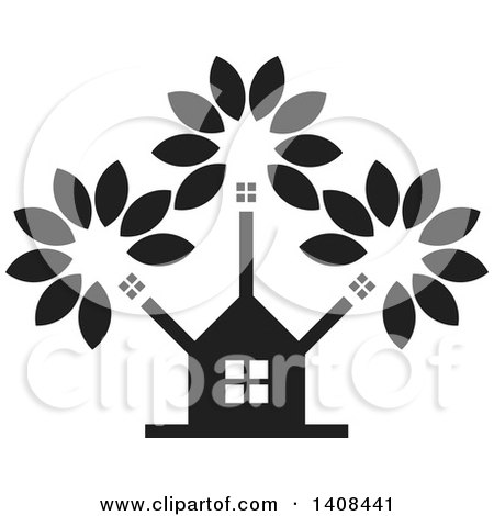 Clipart of a Black and White House and Tree - Royalty Free Vector Illustration by Lal Perera