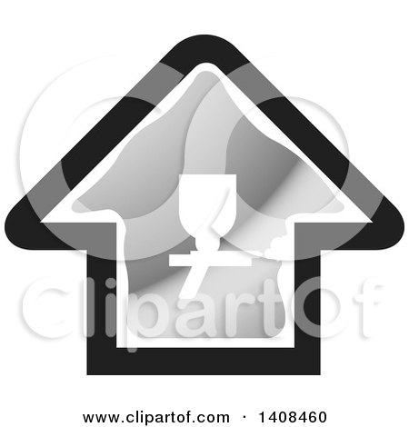 Clipart of a Grayscale House with a Silhouetted Spray Gun - Royalty Free Vector Illustration by Lal Perera