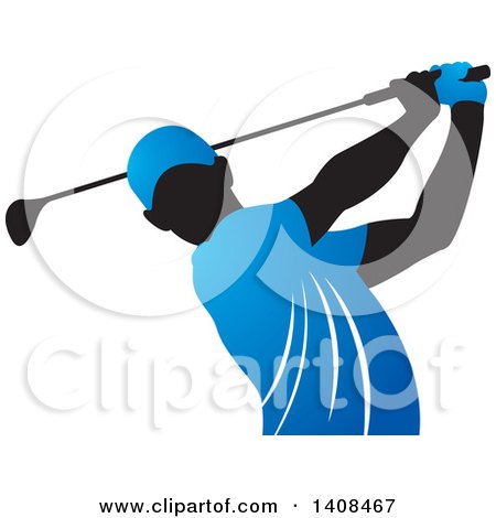 Clipart of a Black Silhouetted Male Golfer Dressed in Blue, Swinging a Club - Royalty Free Vector Illustration by Lal Perera