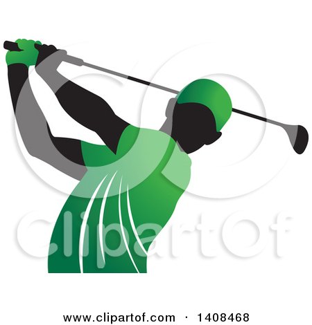 Clipart of a Black Silhouetted Male Golfer Dressed in Green, Swinging a Club - Royalty Free Vector Illustration by Lal Perera
