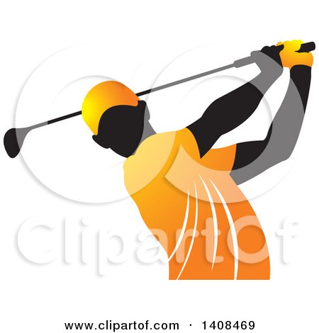 Clipart of a Black Silhouetted Male Golfer Dressed in Orange, Swinging a Club - Royalty Free Vector Illustration by Lal Perera