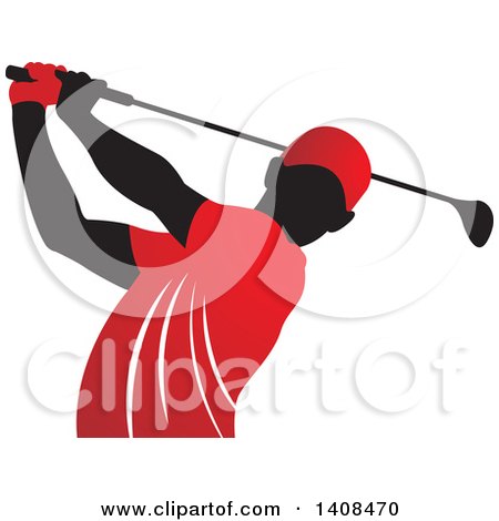 Clipart of a Black Silhouetted Male Golfer Dressed in Red, Swinging a Club - Royalty Free Vector Illustration by Lal Perera