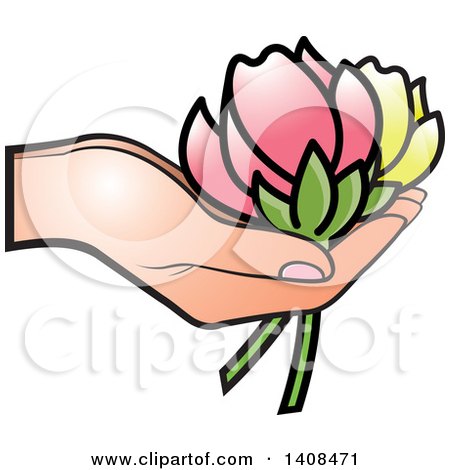 Clipart of a Hand Holding Yellow and Pink Flowers - Royalty Free Vector Illustration by Lal Perera