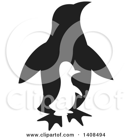 Clipart of a Silhouetted Chick and Black Adult Penguin - Royalty Free Vector Illustration by Lal Perera
