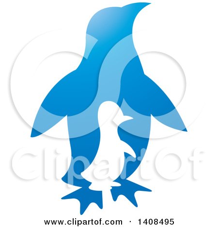 Clipart of a Silhouetted Chick and Blue Adult Penguin - Royalty Free Vector Illustration by Lal Perera