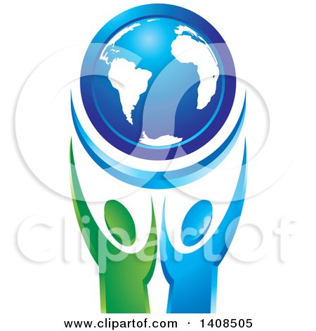 Clipart of a Blue Globe Held up by Blue and Green People - Royalty Free Vector Illustration by Lal Perera