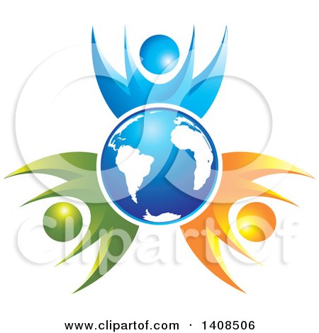 Clipart of a Blue Globe Circled by Happy Blue Orange and Green People - Royalty Free Vector Illustration by Lal Perera
