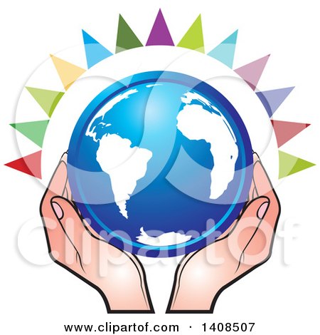 Clipart of a Blue Globe in Hands, with Colorful Rays - Royalty Free Vector Illustration by Lal Perera