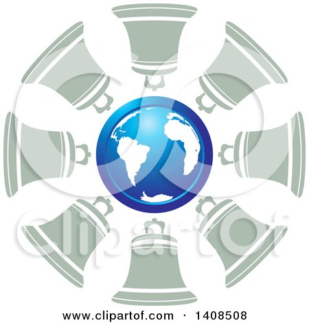 Clipart of a Blue Globe in a Circle of Bells - Royalty Free Vector Illustration by Lal Perera