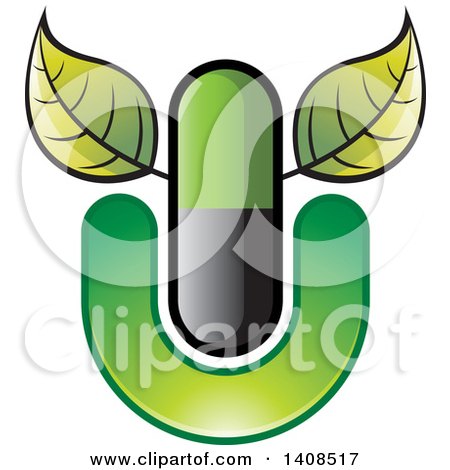 Clipart of a Pill Tablet with Leaves in a Letter U - Royalty Free Vector Illustration by Lal Perera