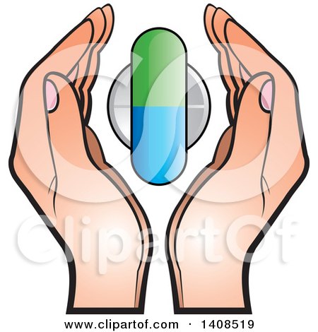 Clipart of a Pill and Tablet Between Hands - Royalty Free Vector Illustration by Lal Perera