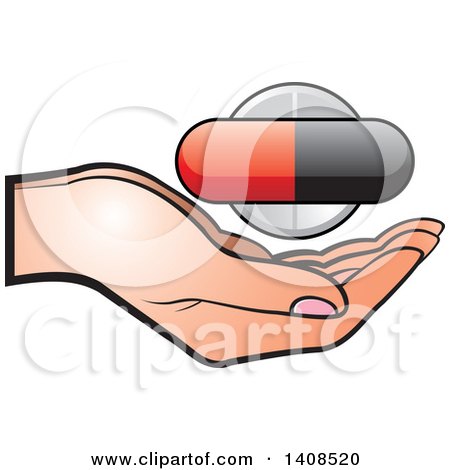 Clipart of a Pill and Tablet over a Hand - Royalty Free Vector Illustration by Lal Perera