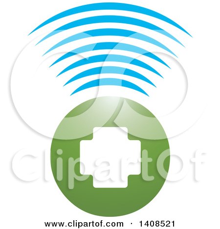 Clipart of a Medical Cross Icon with Blue Signal Waves - Royalty Free Vector Illustration by Lal Perera