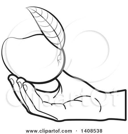 Clipart of a Black and White Lineart Hand Holding a Mango - Royalty Free Vector Illustration by Lal Perera