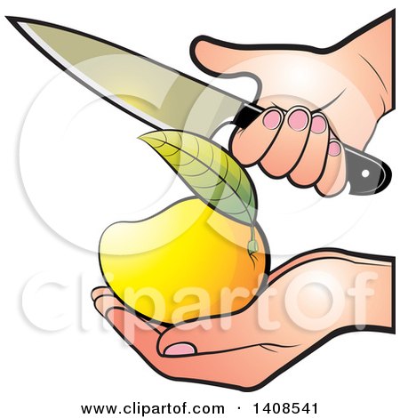 Clipart of a Hand Holding a Mango and Knife - Royalty Free Vector Illustration by Lal Perera