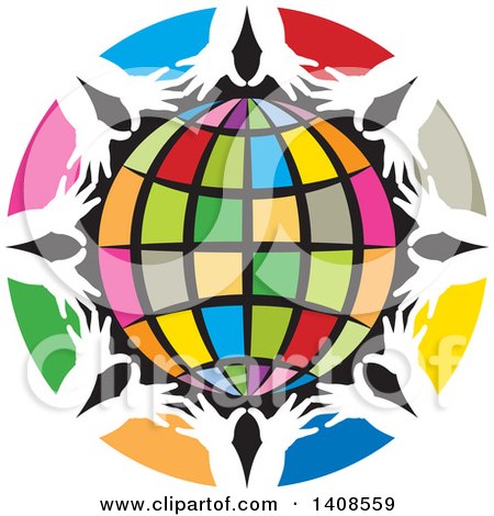 Clipart of a Circle of Colorful Spaces and White Hands Framing a Globe - Royalty Free Vector Illustration by Lal Perera