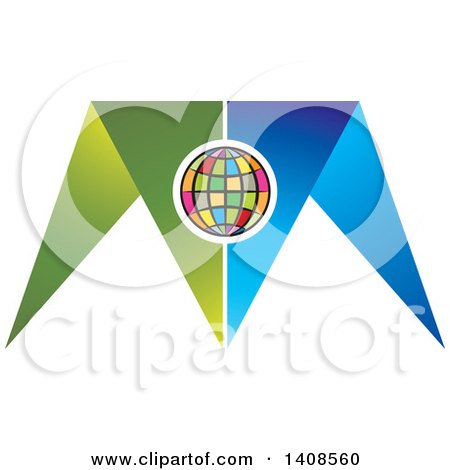 Clipart of a Colorful Globe over a Blue and Green Letter M - Royalty Free Vector Illustration by Lal Perera