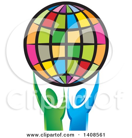 Clipart of a Colorful Globe Held up by Green and Blue People - Royalty Free Vector Illustration by Lal Perera