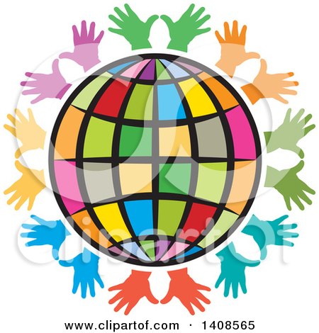 Clipart of a Circle of Colorful Hands Around a Globe - Royalty Free Vector Illustration by Lal Perera