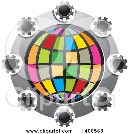 Clipart of a Colorful Globe in a Circle of Cog Wheels - Royalty Free Vector Illustration by Lal Perera