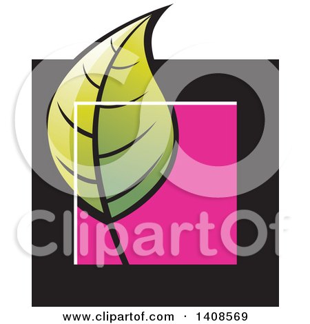 Clipart of a Green Leaf over a Black and Pink Square - Royalty Free Vector Illustration by Lal Perera