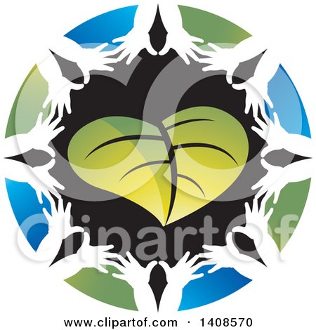 Clipart of a Circle of White Silhouetted Hands Around a Green Leaf - Royalty Free Vector Illustration by Lal Perera