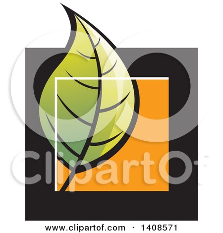 Clipart of a Green Leaf over a Black and Orange Square - Royalty Free Vector Illustration by Lal Perera
