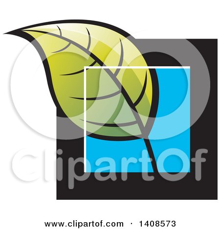 Clipart of a Green Leaf over a Black and Blue Square - Royalty Free Vector Illustration by Lal Perera