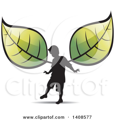 Clipart of a Silhouetted Boy with Green Leaf Wings - Royalty Free Vector Illustration by Lal Perera