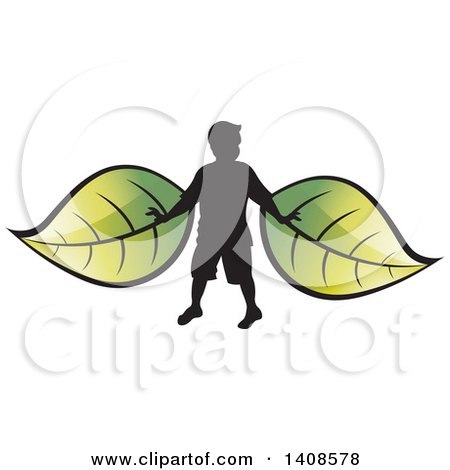Clipart of a Silhouetted Boy with Green Leaf Wings - Royalty Free Vector Illustration by Lal Perera