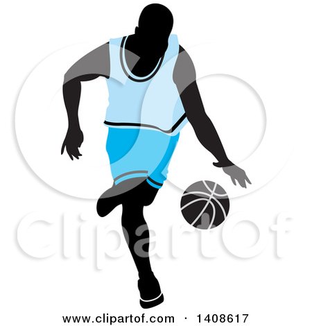 Clipart of a Black Silhouetted Male Basketball Player in a Blue Uniform, Dribbling the Ball - Royalty Free Vector Illustration by Lal Perera