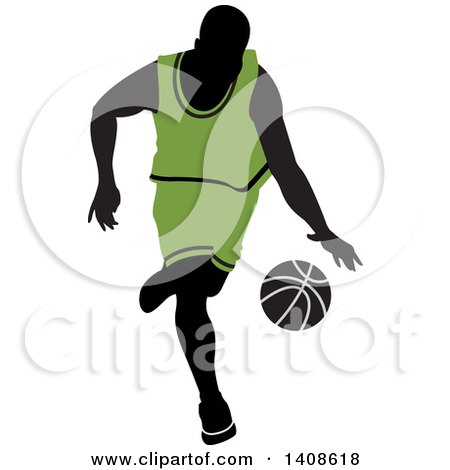 Clipart of a Black Silhouetted Male Basketball Player in a Green Uniform, Dribbling the Ball - Royalty Free Vector Illustration by Lal Perera