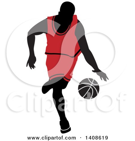 Clipart of a Black Silhouetted Male Basketball Player in a Red Uniform, Dribbling the Ball - Royalty Free Vector Illustration by Lal Perera